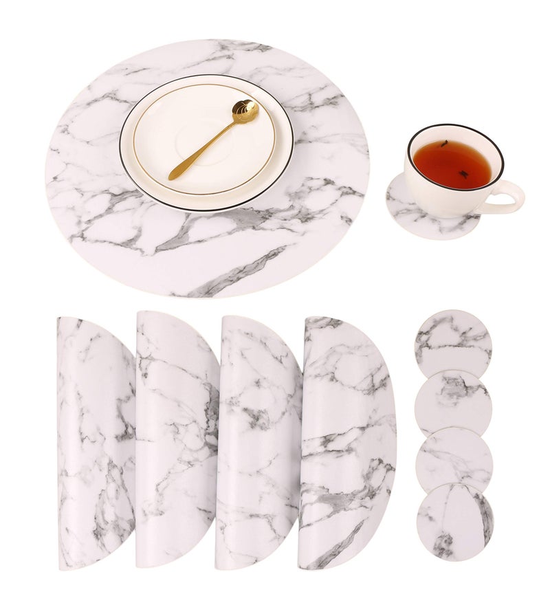 Jovono Marble Round Placemats and Coasters, Faux Leather Waterproof Table Mats, Easy to Wipe Off for Kitchen Dining Round Table - Image 1